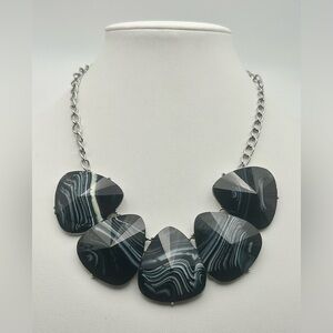 Marbled Black and White Acrylic and Silver Tone Chain Statement Necklace